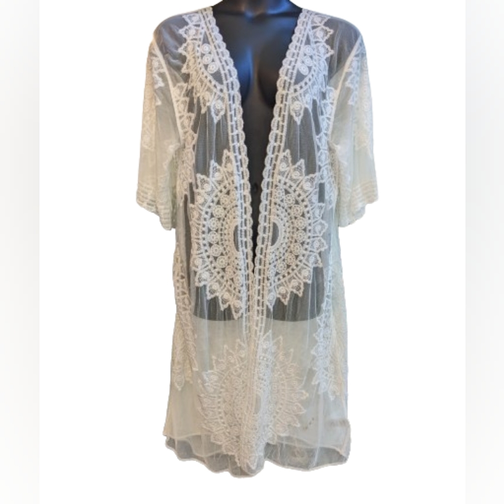 Rachel Zoe White Crochet Lace Boho Swim Kimono/Coverup/ Duster/One Size